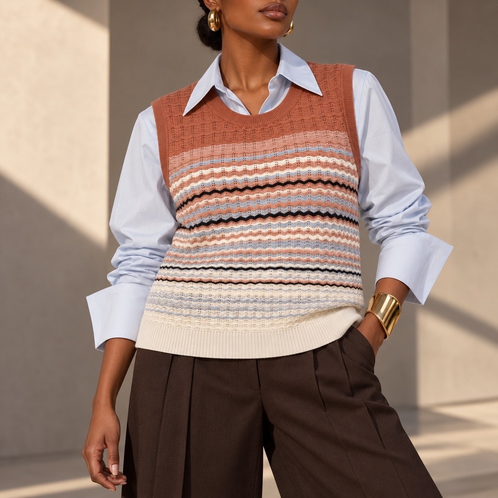 XL 235 Liz Claiborne Chevron Pointelle Knit Sweater Vest Multicolor Striped Boho